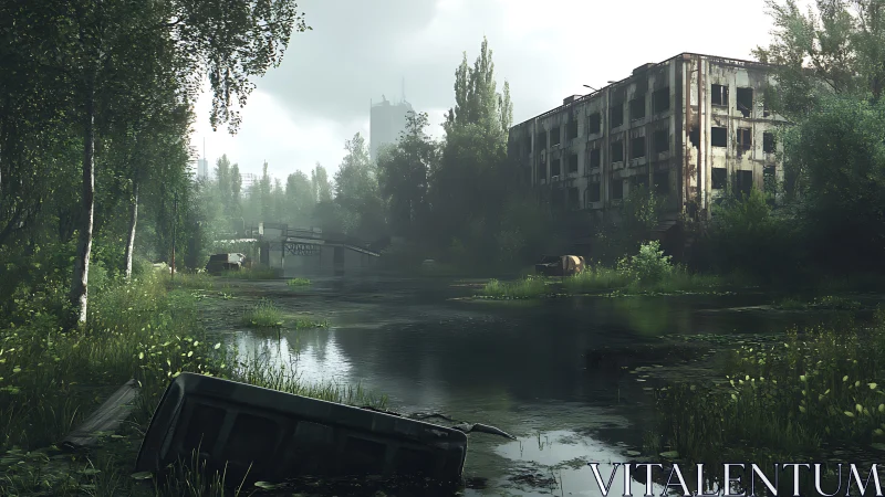 Overgrown flooded urban ruin with abandoned block building.