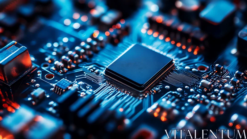Glowing circuit board close-up with a calm central chip.