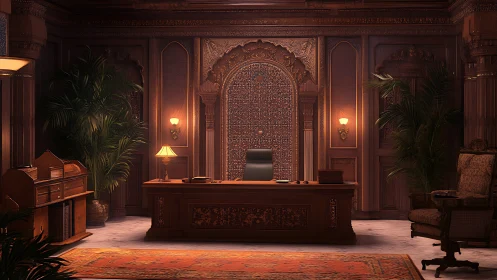 Ornate carved-wood executive office with warm ambient lighting