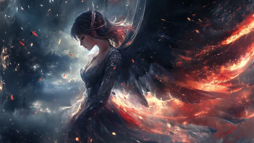 Digital painting of dark-winged angel amid embers and stormlight.