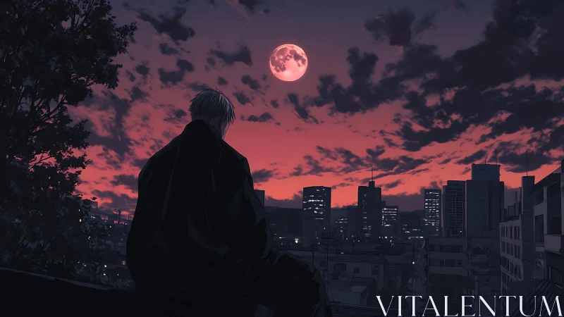 Solitary figure overlooks city skyline under red moon