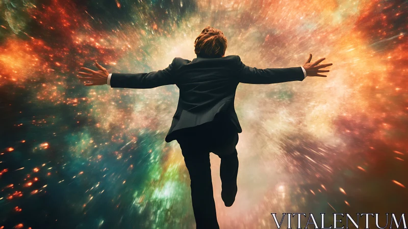 Businessman dives into glowing cosmic warp tunnel scene.