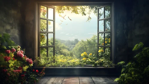 Open window overlooking lush sunlit forest garden.