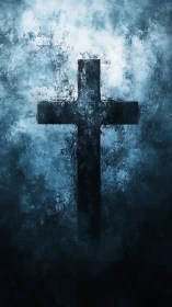 Dark cruciform silhouette within stormy blue abstraction.