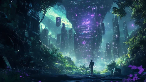 Luminescent megastructure above bioluminescent jungle path.