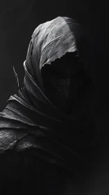 Hooded wraith portrait in high-contrast digital chiaroscuro.