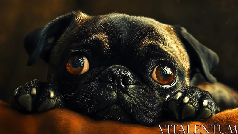 Sad-eyed pug close-up with detailed fur and paws.