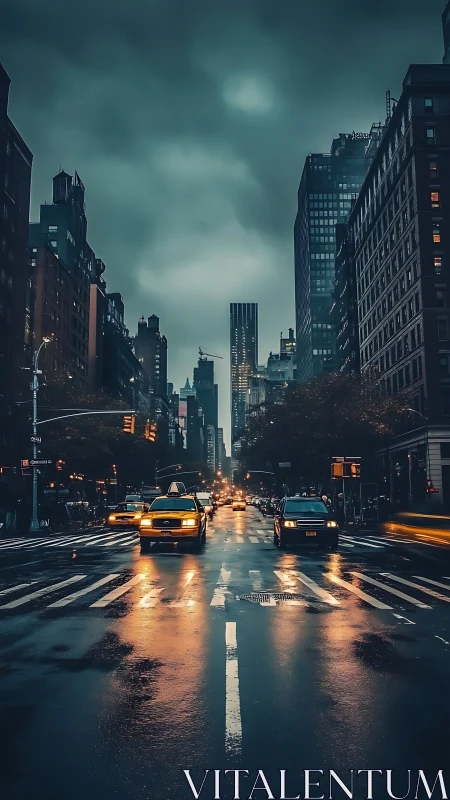 Moody city avenue with taxis on rain soaked asphalt at dusk.