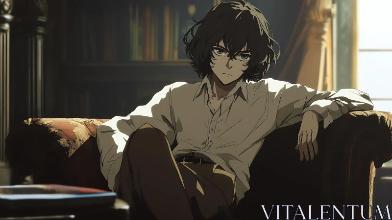 Analytical portrait of brooding youth in diffuse library light.