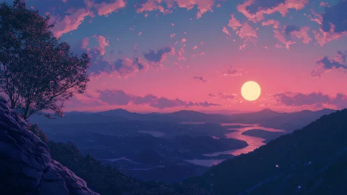 Vibrant digital sunset overlooks layered mountains and bay