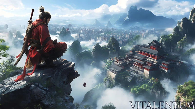 Samurai sentinel surveys mist-laden mountain fortress valley