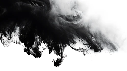 Monochrome ink cloud swirling through high-key negative space.