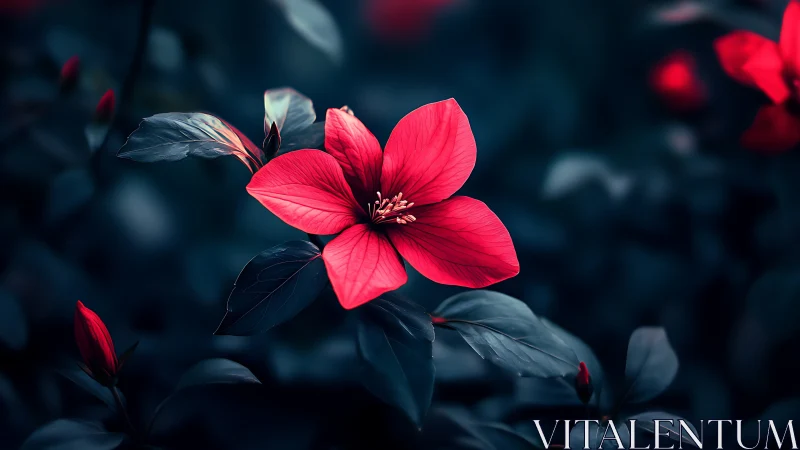Red Flower With Dark Foliage Against Blurred Background