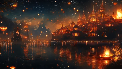 Illuminated temple city floating above water at night with lanterns