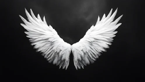 Symmetrical white feathered wings span against dark gradient sky