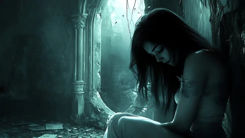 Solitary woman in ruined archway under cyan twilight