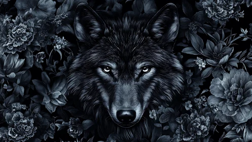 Midnight wolf gaze emerges from dense monochrome florals.