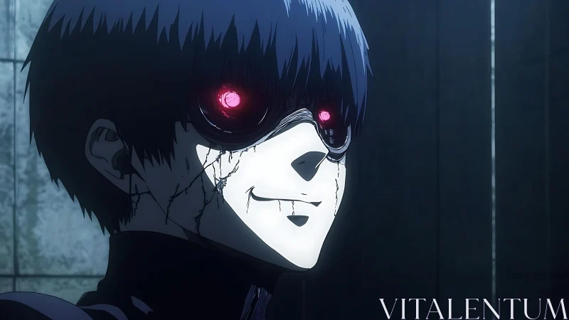 Monochrome masked figure with glowing red eyes in high-contrast anime