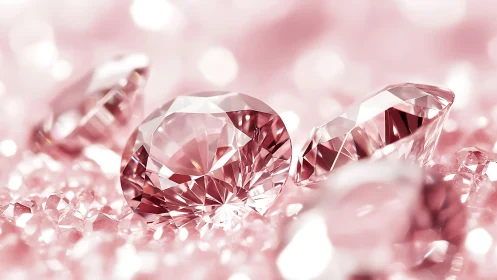 Pink cut gemstones on soft blurred crystal background.