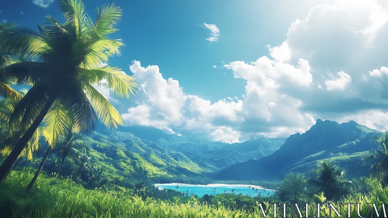 Tropical Valley with Palm Trees and Mountain Lake.