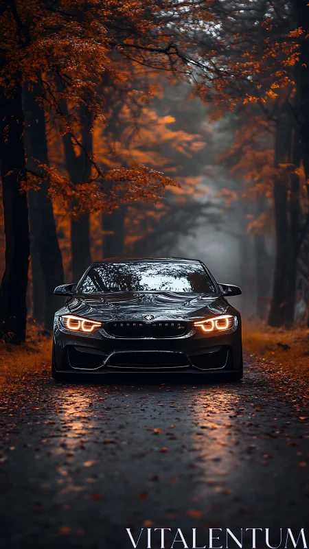 Sporty black car glowing on a misty autumn forest road.