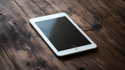White tablet device displayed on weathered wooden surface
