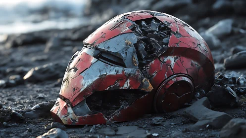 Damaged red armored helmet lying broken on rocky ground.