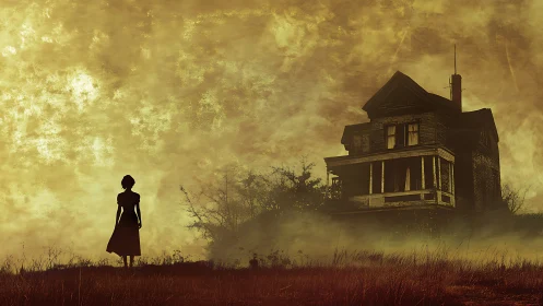 Silhouetted girl studies decaying house in foggy dusk field
