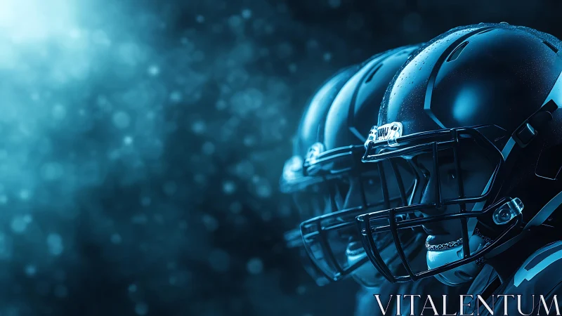 Football players in glistening helmets wait in electric blue haze