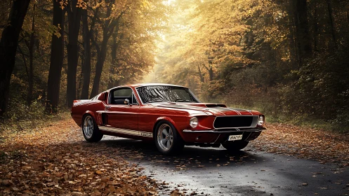 Crimson classic muscle car glows warmly on a quiet forest road
