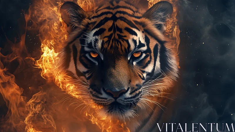 Tiger head framed by surrounding flames on dark background.
