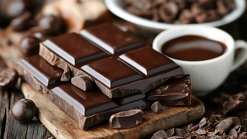 Cozy dark chocolate squares beside a steaming cocoa cup.