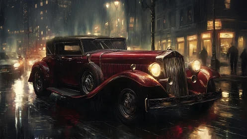 Vintage red car moves through rain-soaked nocturnal city street