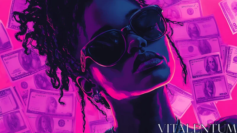 Neon-lit woman in sunglasses dominates vivid money field