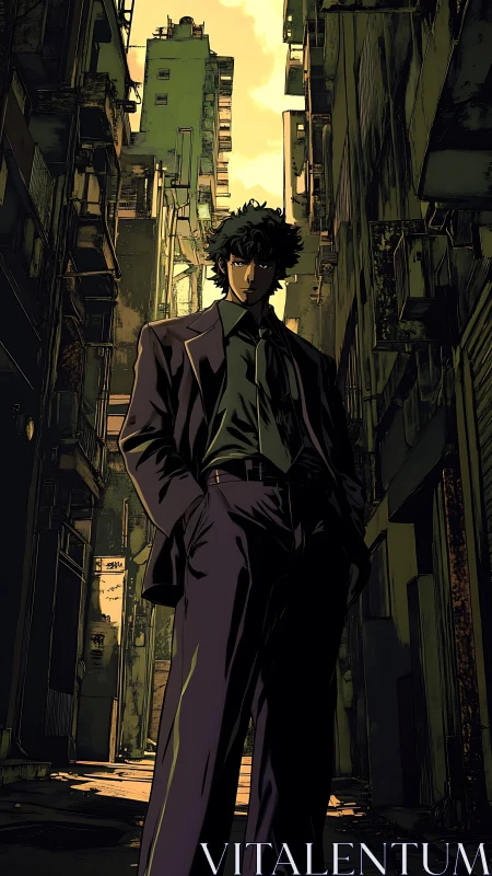 Stoic alleyway drifter under molten neon sky at dusk.