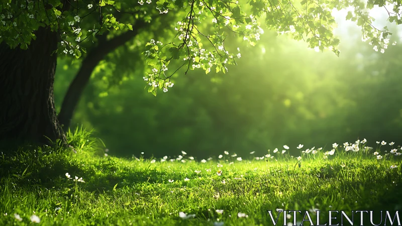 Sunlit Meadow Under Tree Canopy in Soft Focus Nature Style.