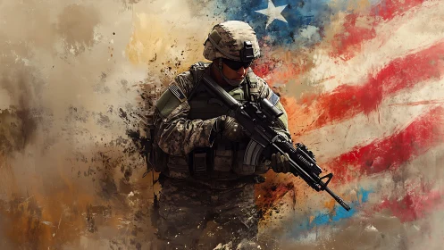 US soldier stands armed before abstract American flag mural.