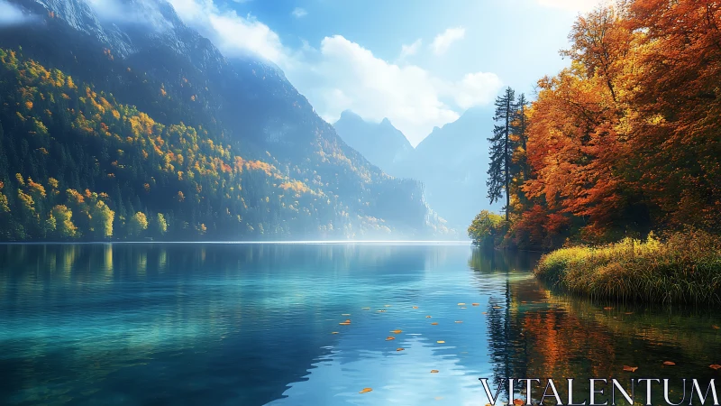 Mountain lake with autumn forest reflection under clear sky.