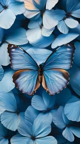 Blue butterfly resting gently among soft dreamlike petals.