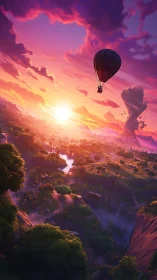 Sunlit hot air balloon drifts quietly above glowing valley