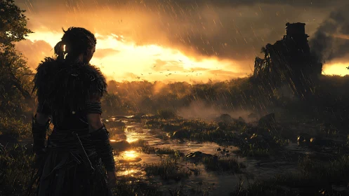 Stormlit warrior studies the burning tower beyond the marsh