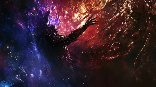 Cosmic void entity reaching into turbulent stellar firestorm