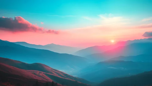 Layered mountain ridges are shown under diffuse colored light