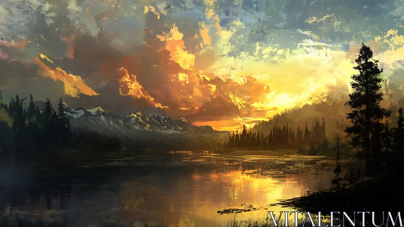 Mountain lake landscape with sunset sky and reflections.