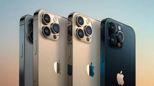 iPhone 13 Pro Models Display Camera Systems Against Sky Background.