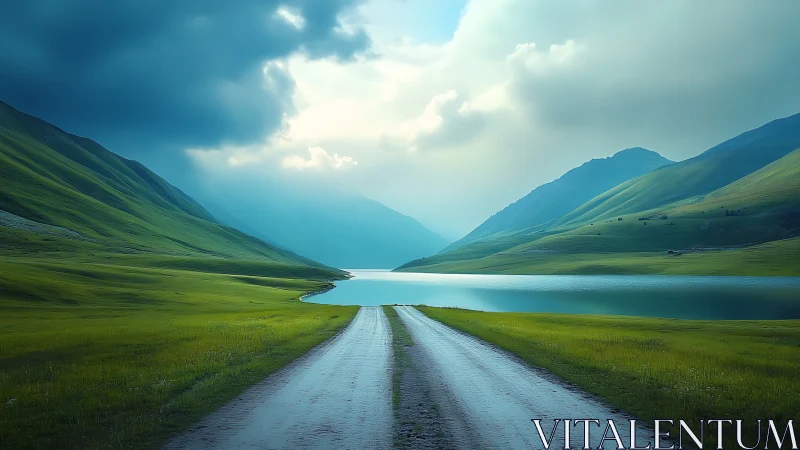 Gravel road leads between green hills toward reflective lake