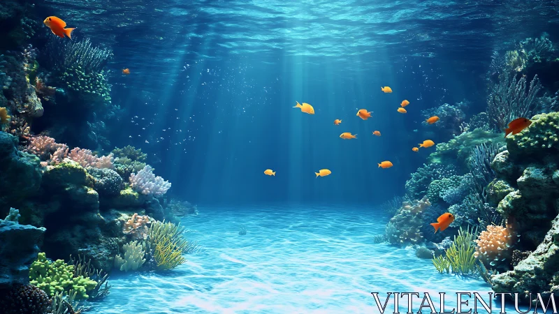 Sunlit coral reef basin reveals schooling orange reef fish