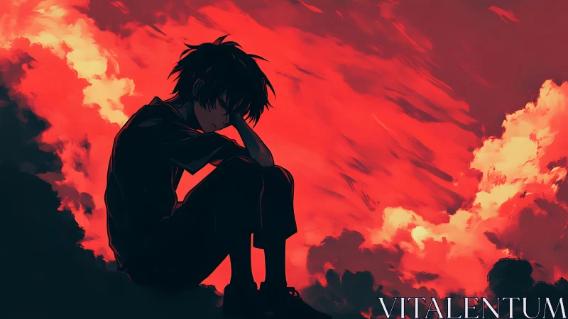 Soft storm of feelings beneath a blazing red sky.