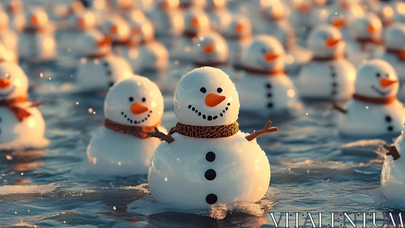 Smiling snowmen floating together on a sunlit icy lake.