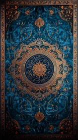 Ornate teal gold Islamic mandala with central calligraphy panel.